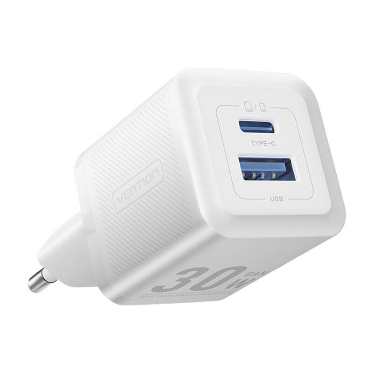 Un caricatore bianco con porte USB e Type-C.