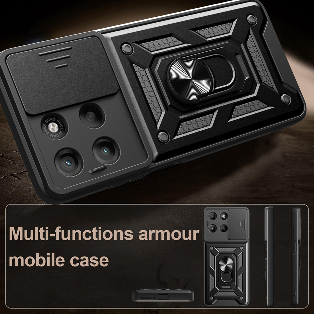 Coque de téléphone noire avec cache caméra et support anneau. Texte 'Multi-functions armour mobile case'.