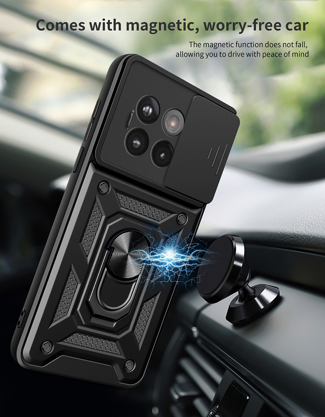 Een smartphone met een zwarte hoes, met een display en cameramodule.