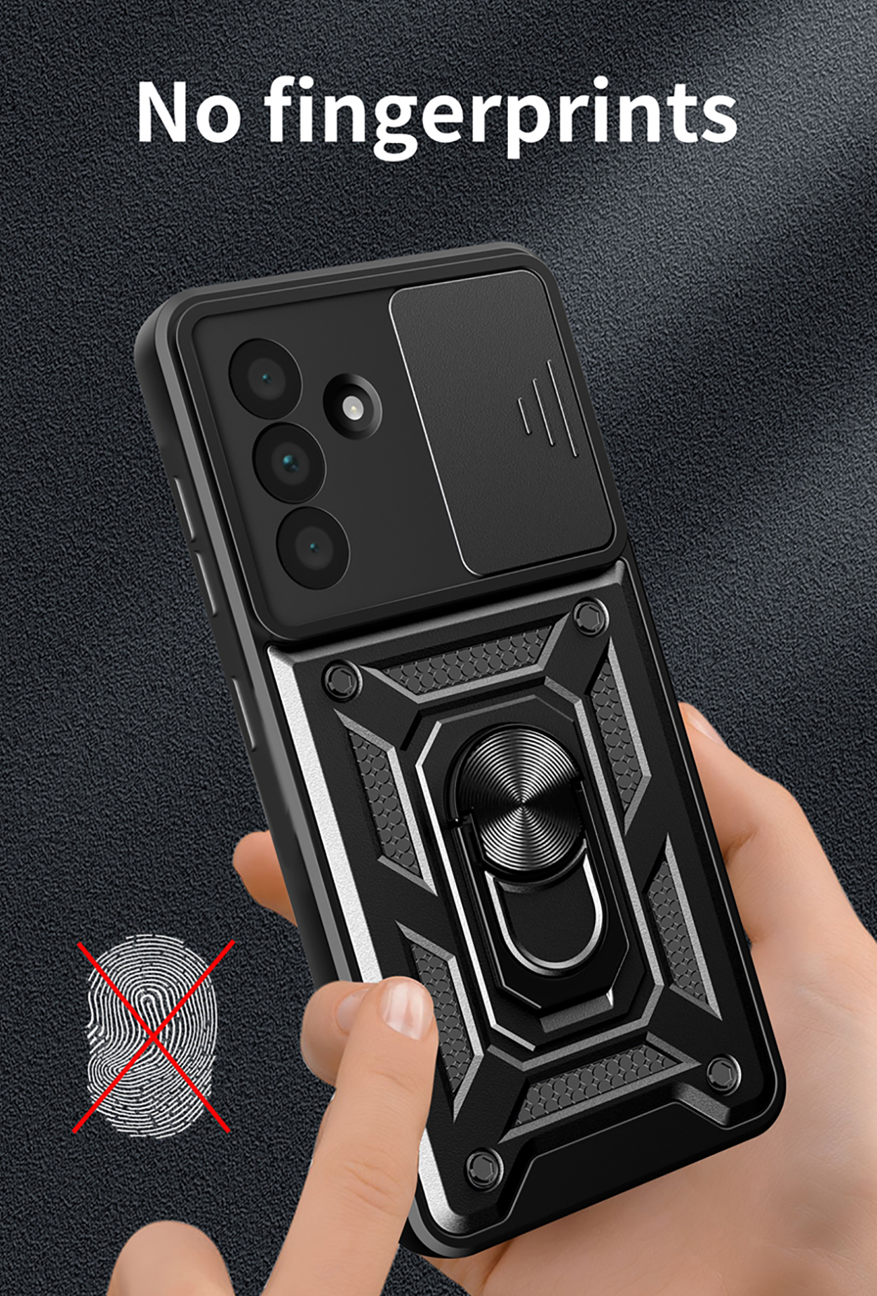 Zwarte telefoonhoes met camera cover, ringhouder. Hand wijst, tekst: Geen vingerafdrukken.