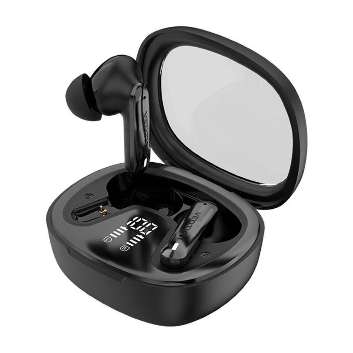 Auricolari neri in una custodia di ricarica, che mostra una percentuale sulla custodia.
