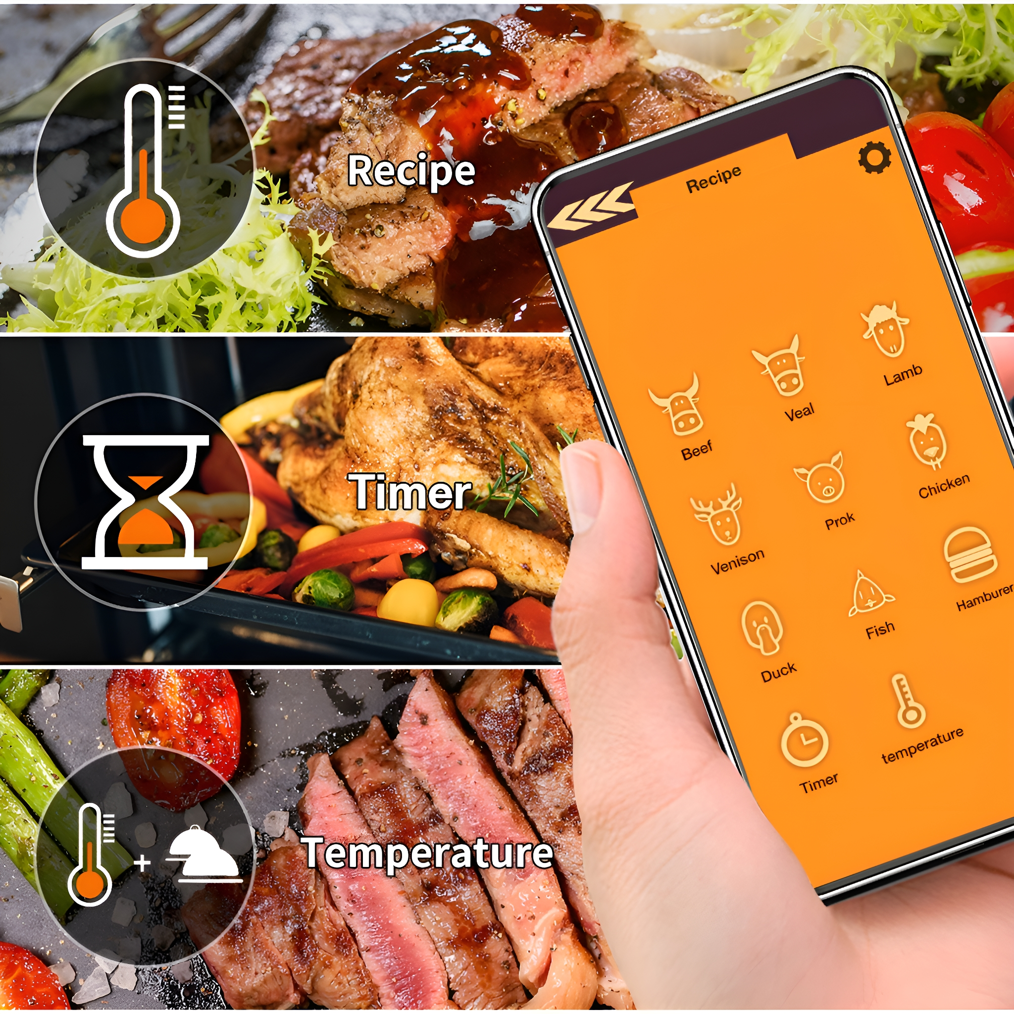 Eine Hand hält ein Telefon mit einer Koch-App. Zeigt Optionen zum Kochen verschiedener Fleischsorten.