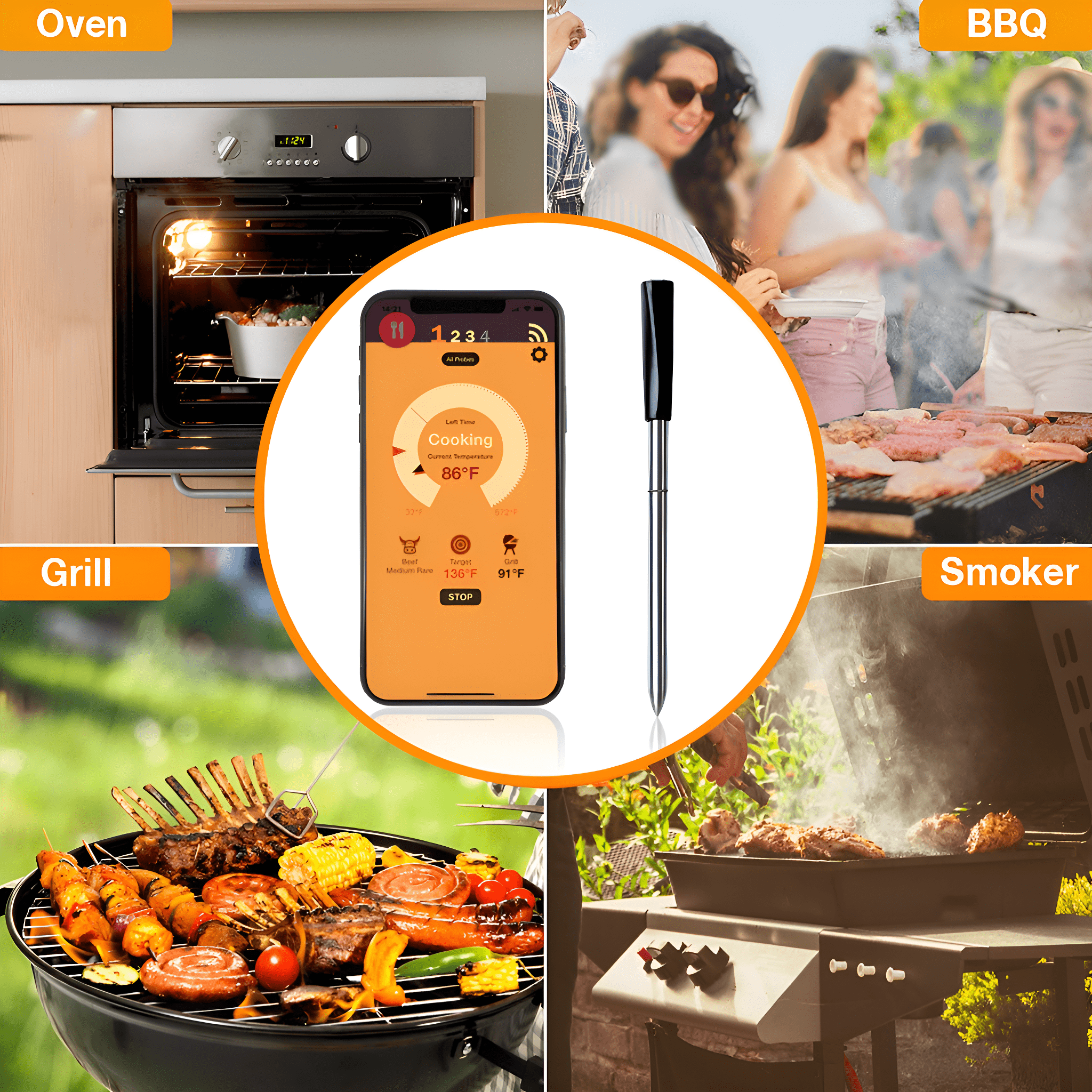 Geteiltes Bild mit Kochszenen: Ofen, BBQ, Grill, Smoker und Telefon mit Temperaturanzeige.