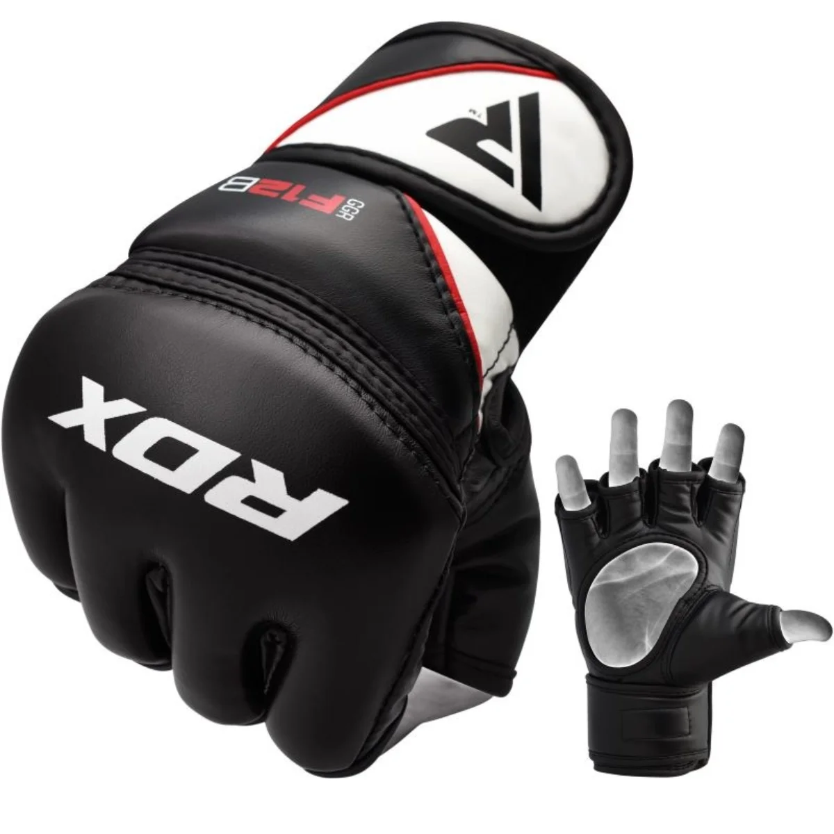 Zwart-witte MMA-handschoen, met een tweede handschoen open.