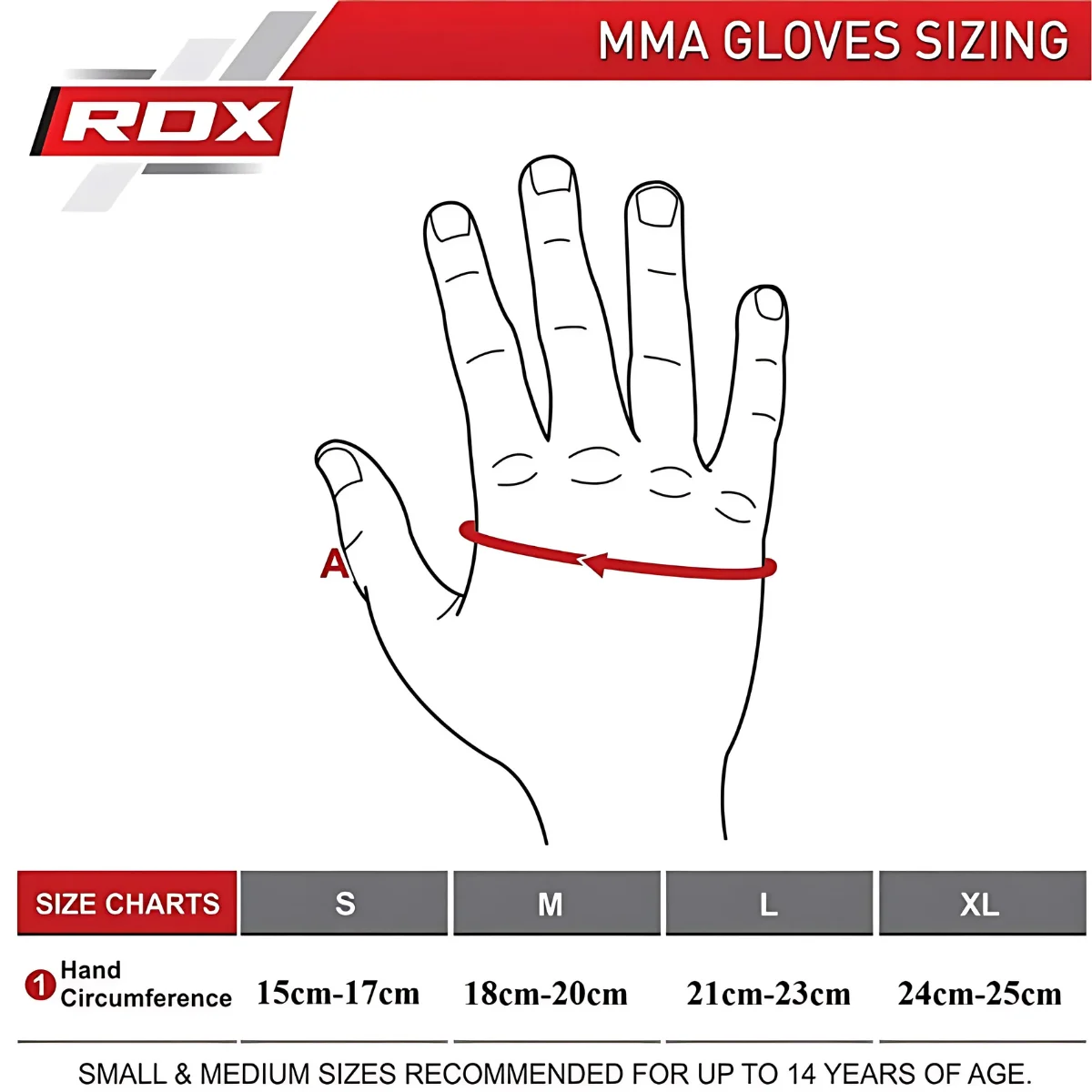 Handdiagram met maattabellen voor MMA-handschoenen, met maten S t/m XL.