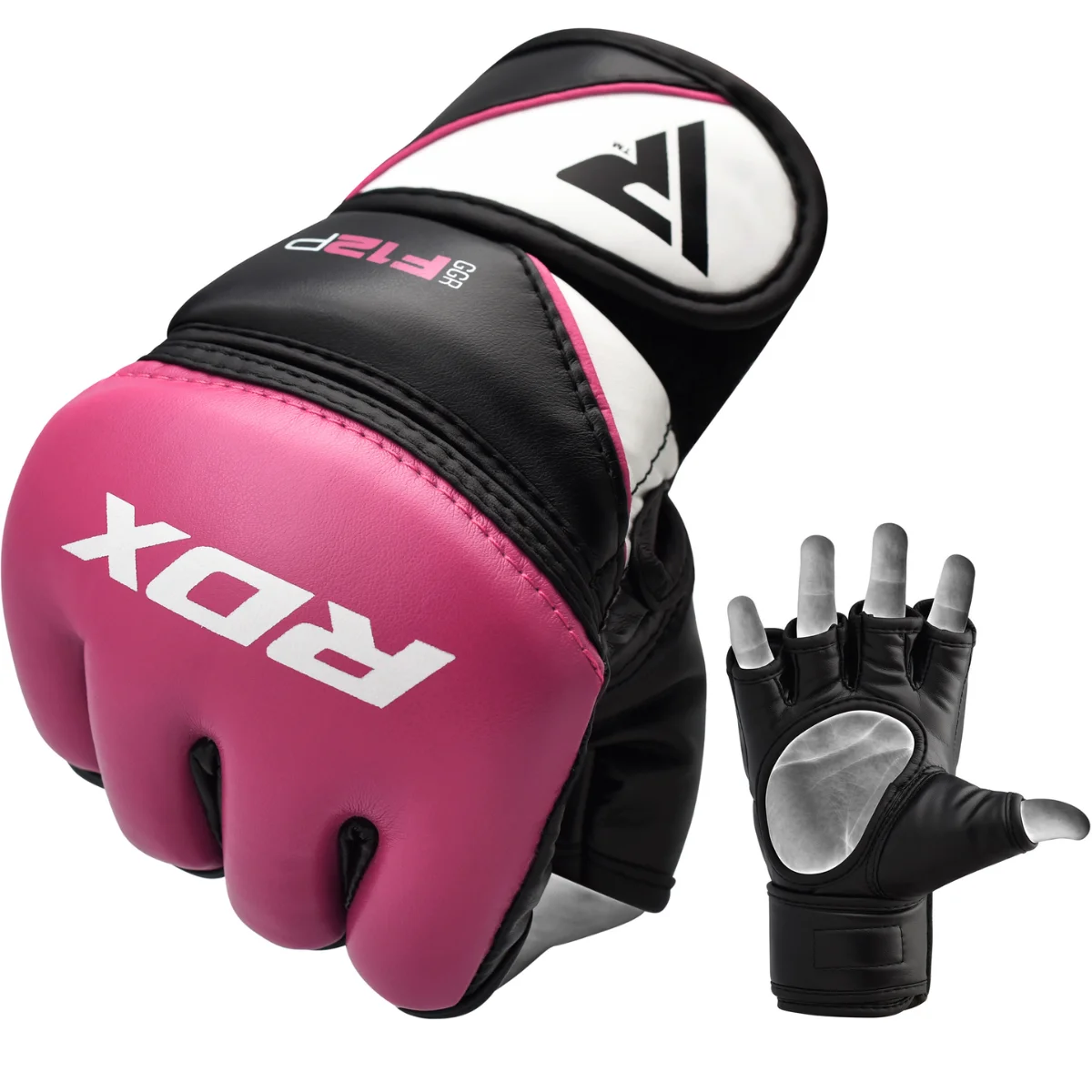 Roze en zwarte MMA-handschoenen en een aparte handbeschermer. Witte achtergrond.
