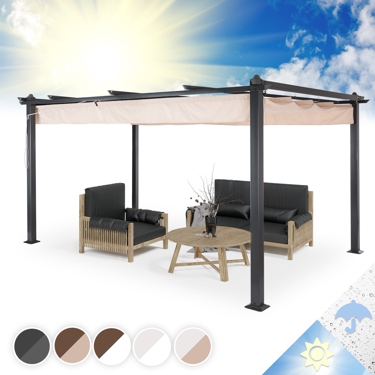 Un set da patio con mobili neri, un tavolo in legno e una tenda da sole beige sotto un cielo soleggiato.
