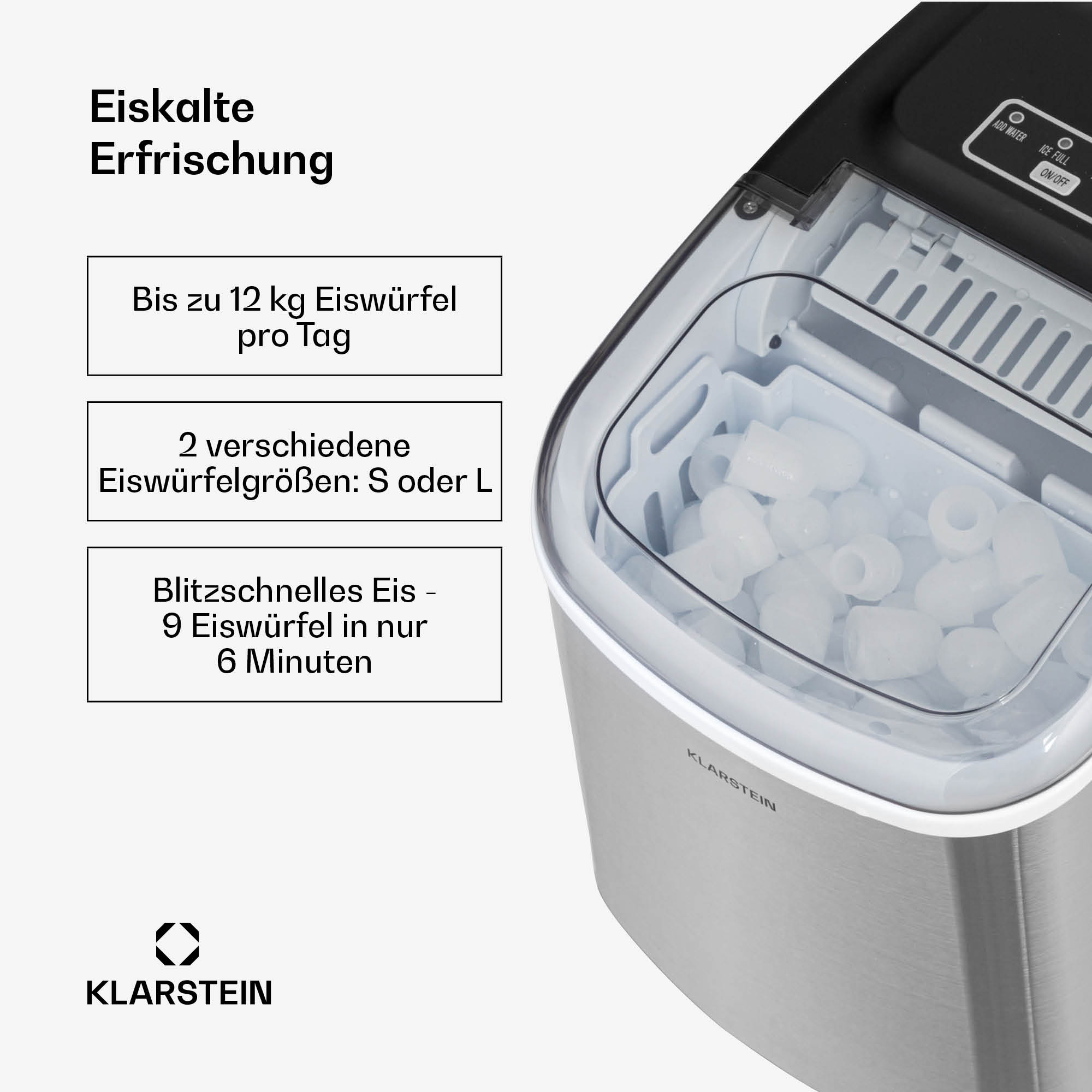 Una macchina per il ghiaccio con cubetti di ghiaccio all'interno. Il testo descrive velocità e dimensioni di produzione del ghiaccio.