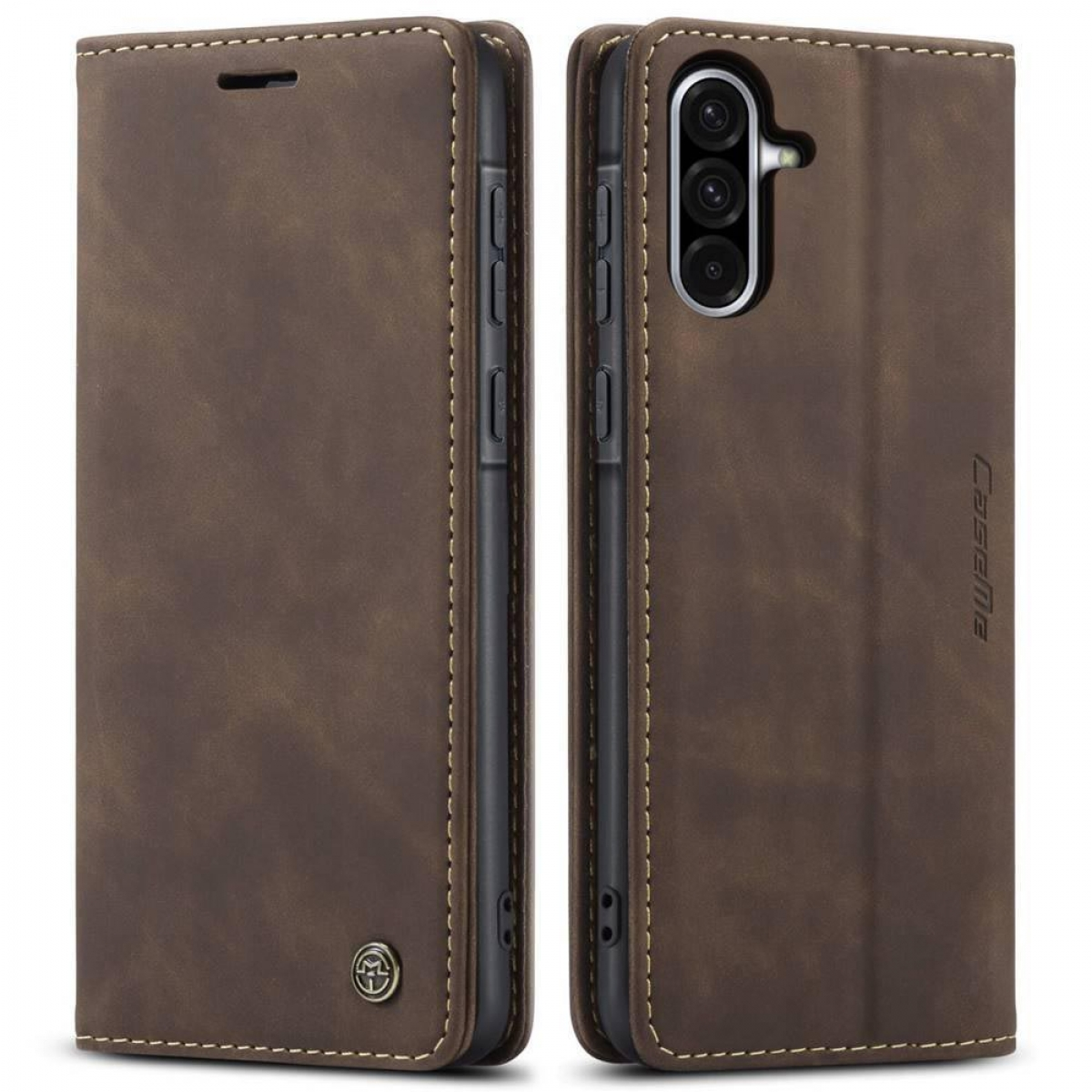 Zwei braune Leder-Handyhüllen, eine offen, eine geschlossen. Die offene Hülle zeigt das Telefon.