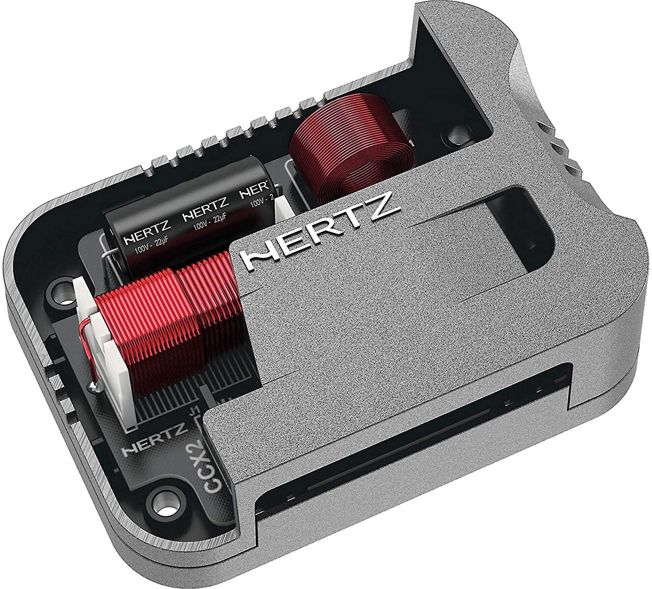 Eine graue Audiokomponente mit roten und schwarzen Spulen und Kondensatoren.