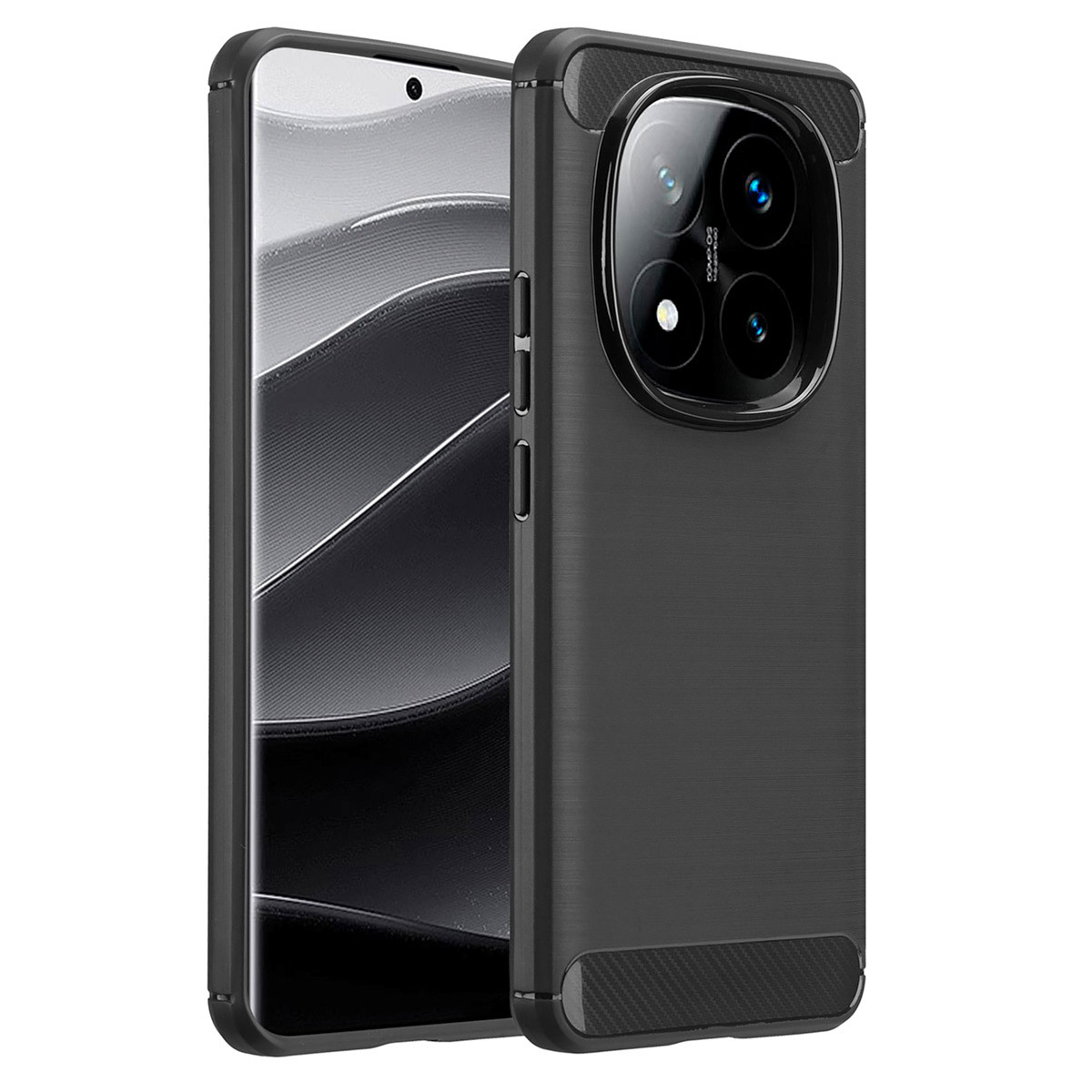 Telefoonhoesje met telefoon erin, op een wit oppervlak. Zwart met donkergrijze accenten.