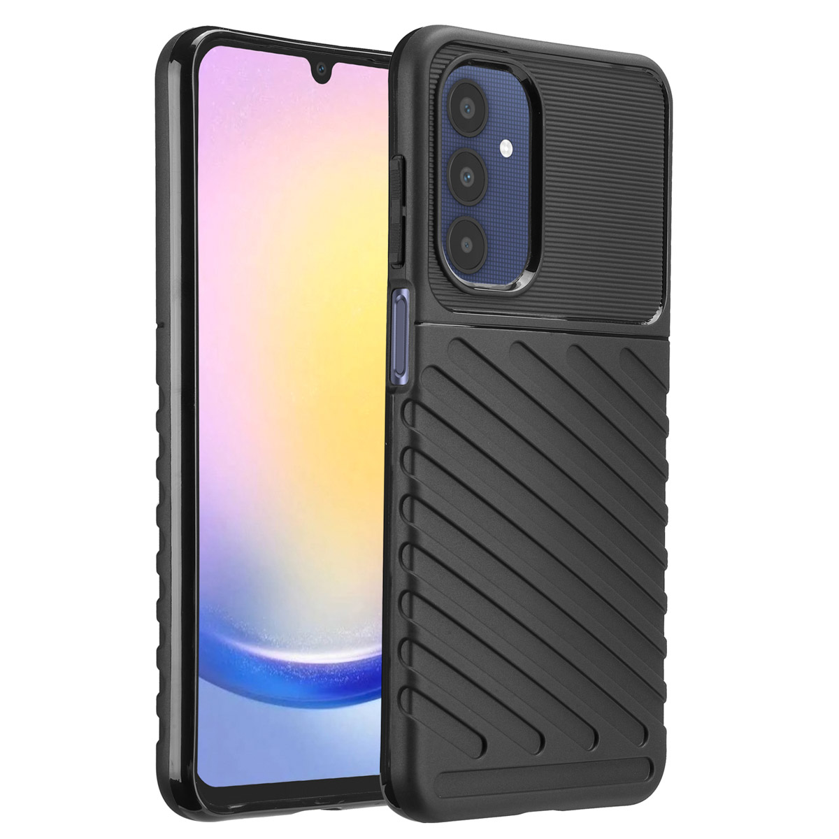 Een zwarte telefoonhoes op een telefoon. De hoes heeft een gestructureerde achterkant en een zwart camera-gedeelte.