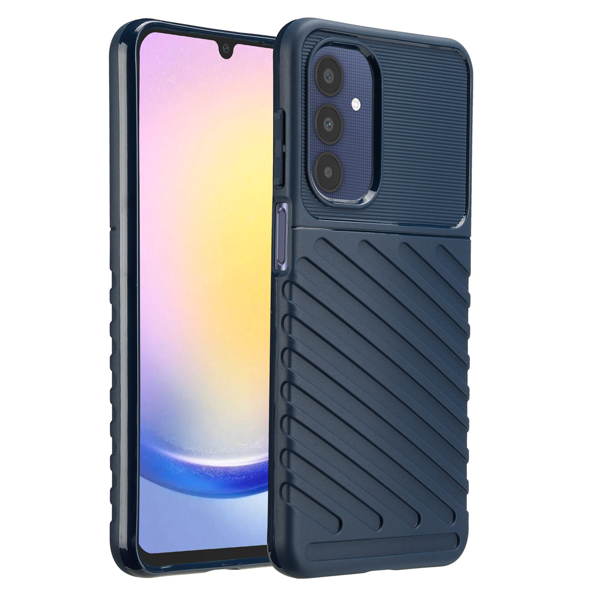 Un étui de téléphone bleu marine avec un téléphone à l'intérieur, montrant l'arrière et partiellement l'avant.