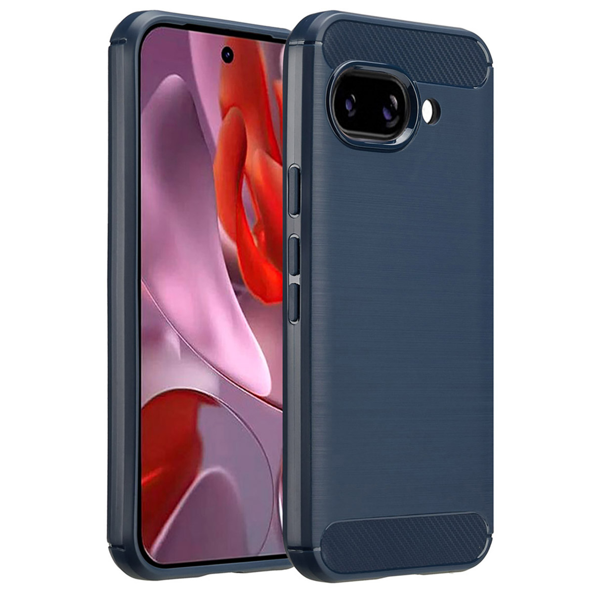 Téléphone dans un étui bleu. Le téléphone est face à l'avant, légèrement incliné. L'étui est texturé.