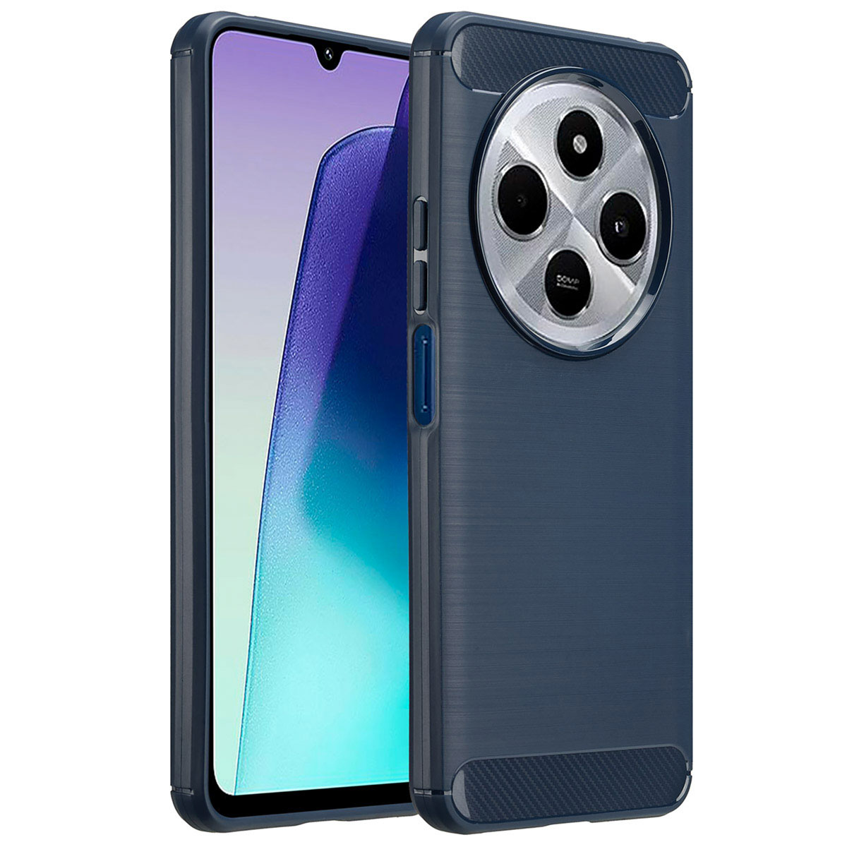 Un étui de téléphone bleu avec un trou pour la caméra est montré sous différents angles.