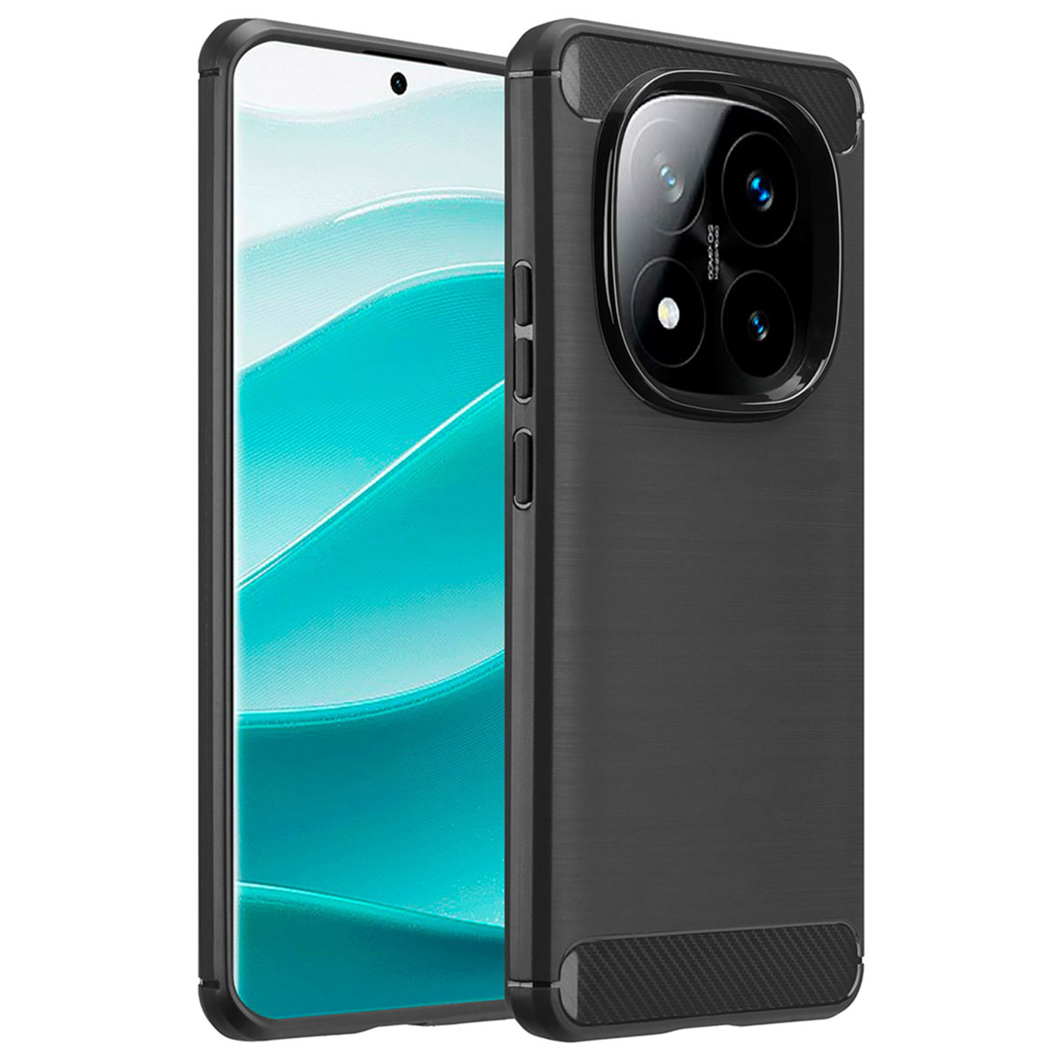 Een zwarte telefoon met een hoesje. Het telefoonscherm staat aan en toont het startscherm.