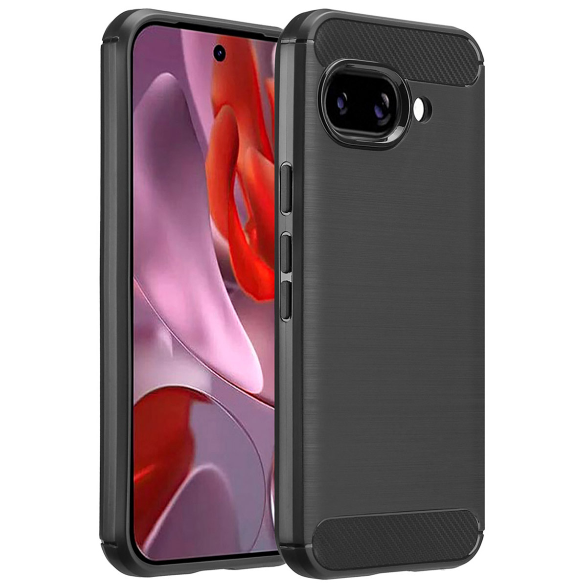 Étui de téléphone bleu foncé avec téléphone. Surface texturée, découpes pour caméra.