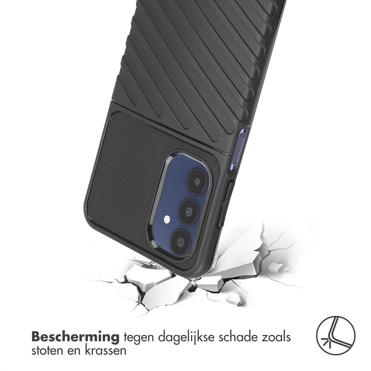 Zwarte telefoonhoes op witte achtergrond, craquele-effect.