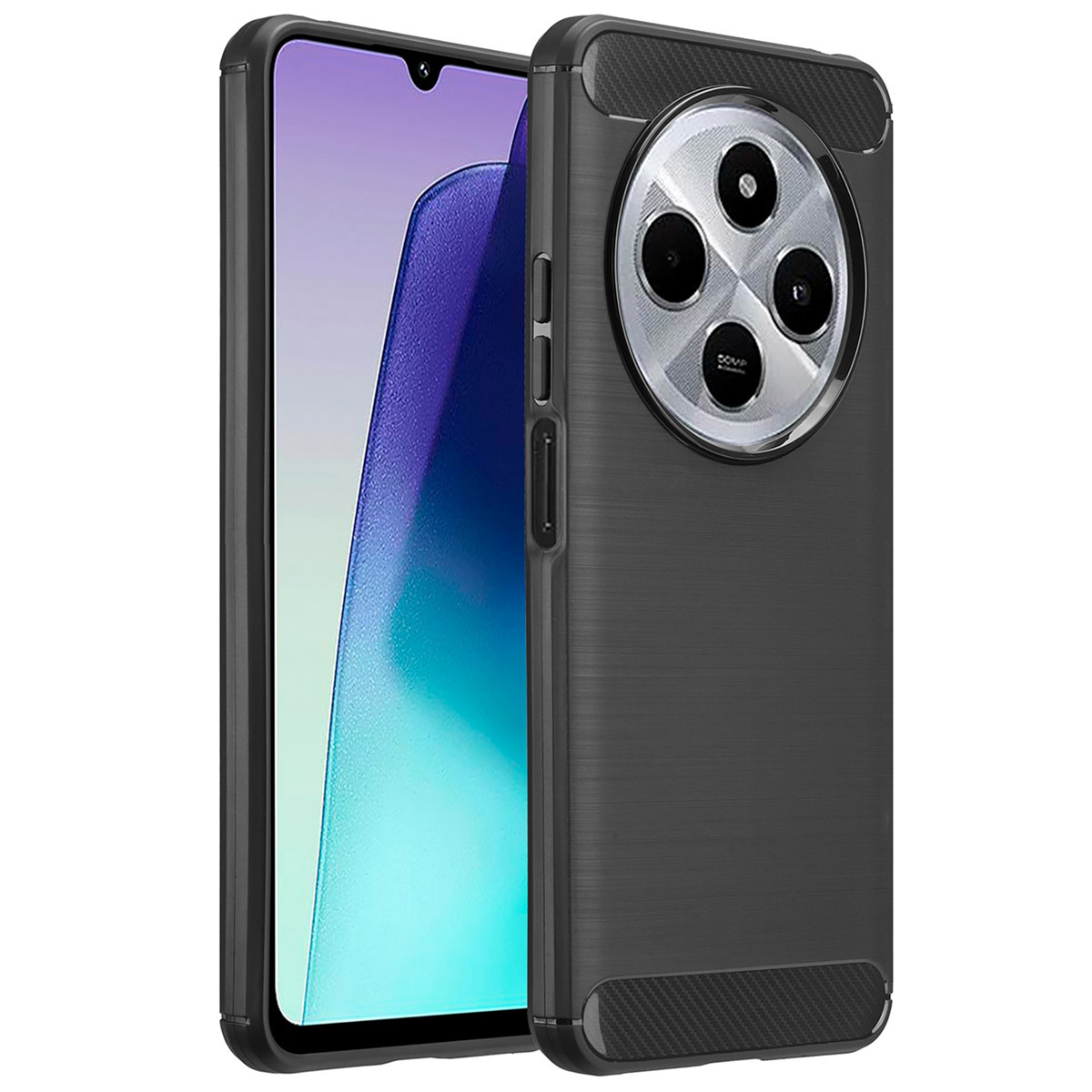 Un téléphone avec un étui noir, montrant l'écran et le module caméra.