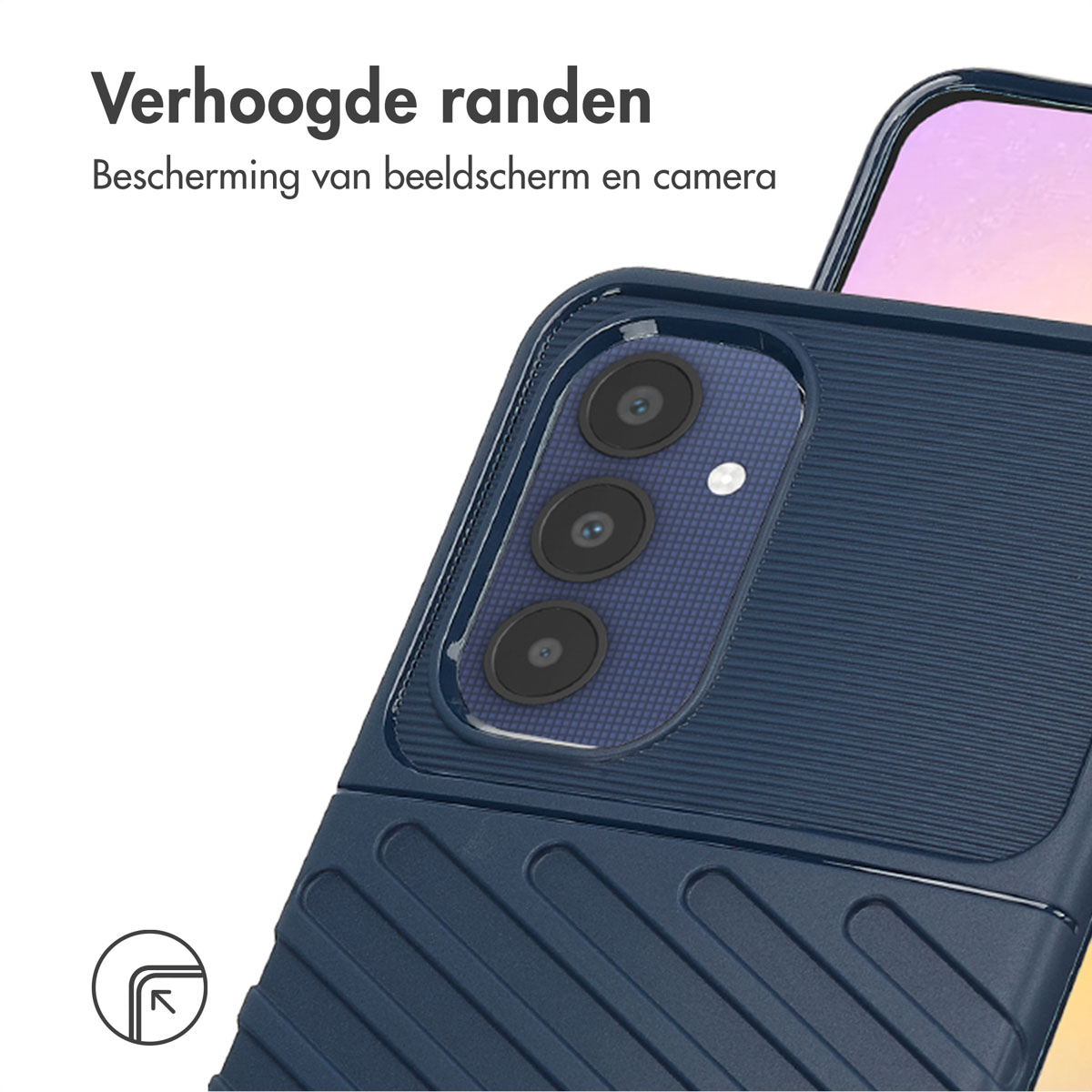 Gros plan sur une coque de téléphone bleue avec module caméra visible.