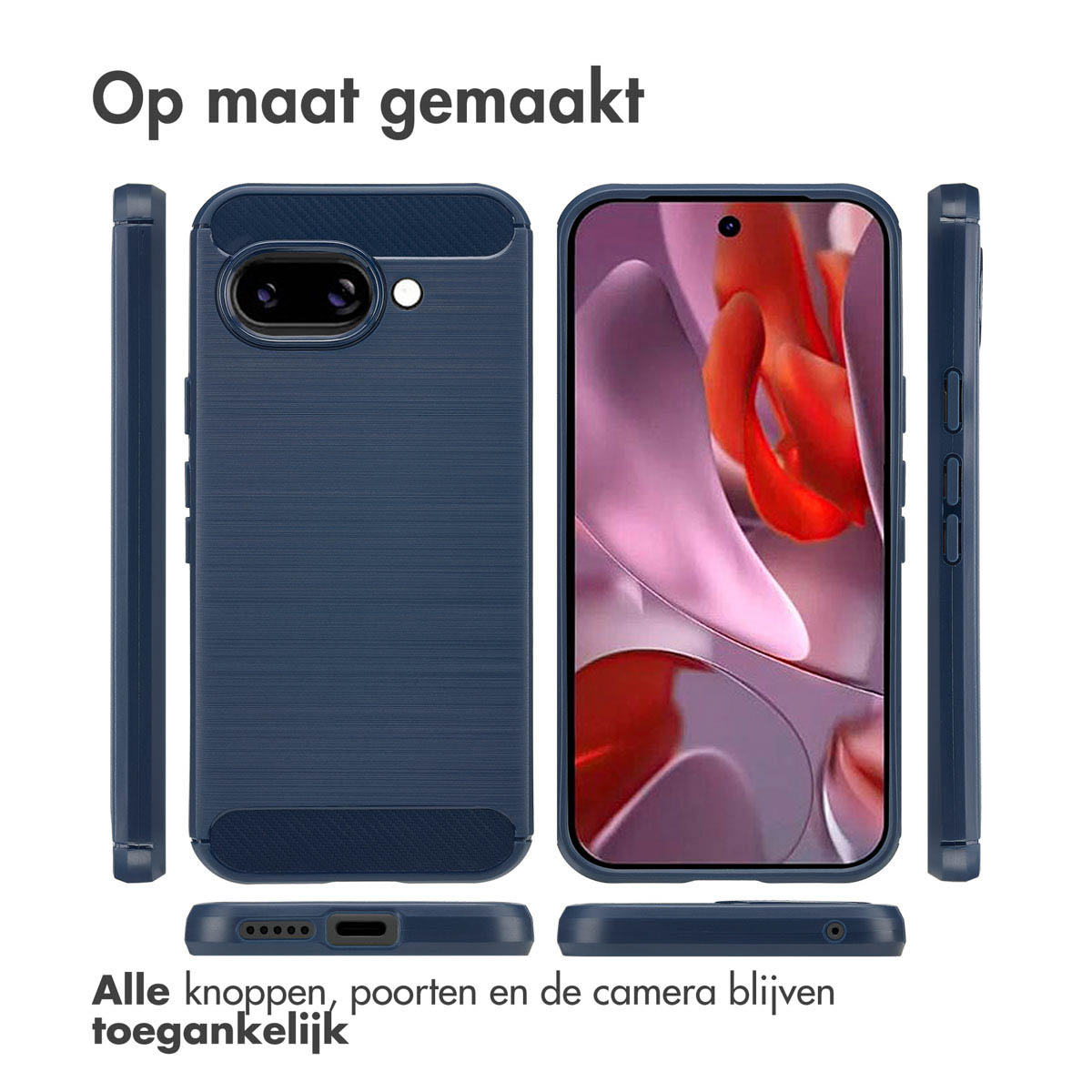 Coque de téléphone bleu marine, vues diverses. Texte : Tous les boutons, ports et l'appareil photo restent accessibles.