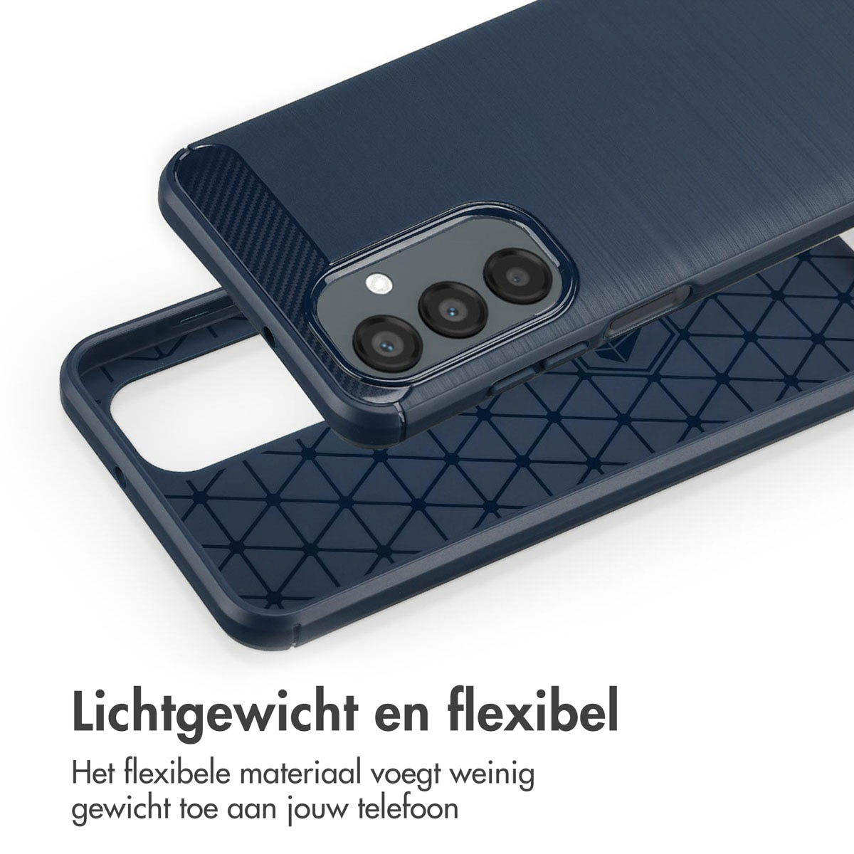Donkerblauwe telefoonhoes met tekst 'Lichtgewicht en flexibel' en intern ontwerp.