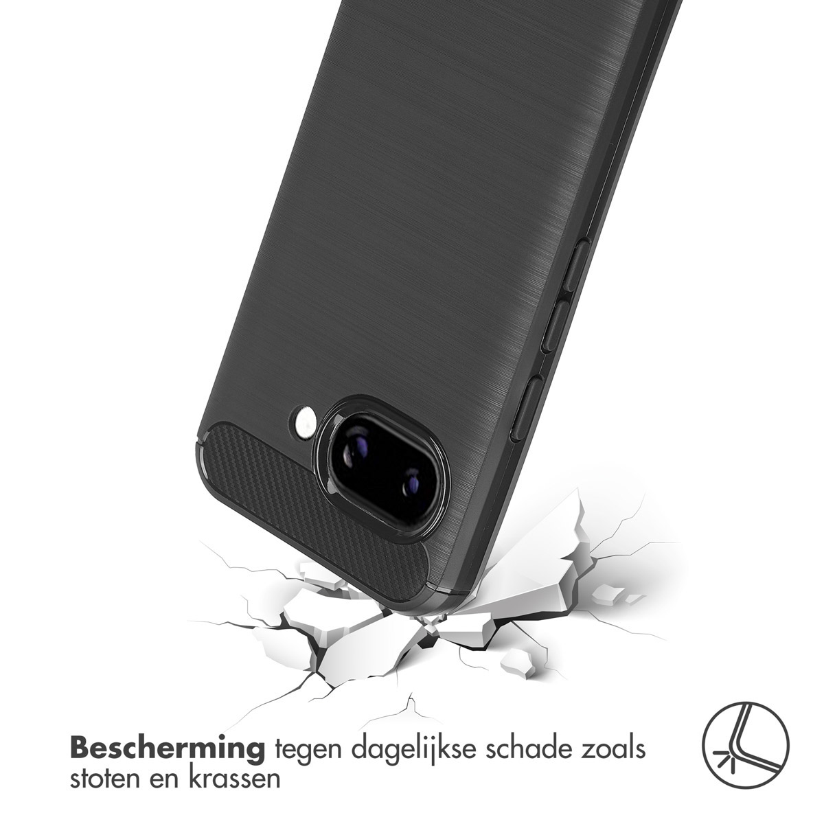 Coque de téléphone noire avec surface texturée, frappant une surface et la fissurant.