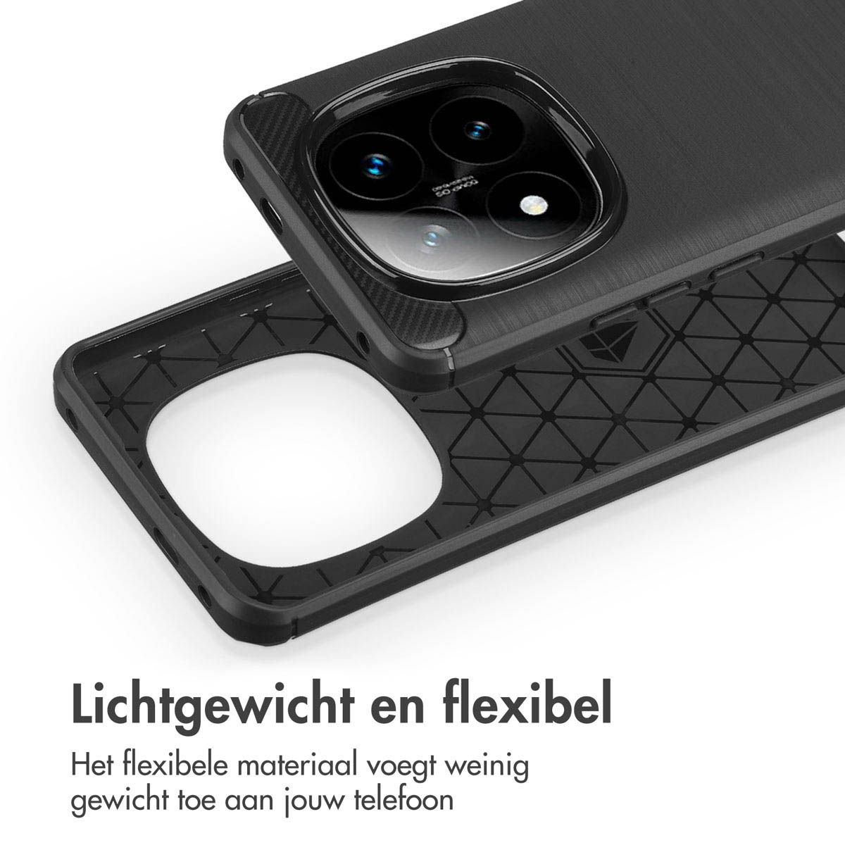 Zwarte telefoonhoes met honingraatpatroon. Tekst zegt lichtgewicht en flexibel.