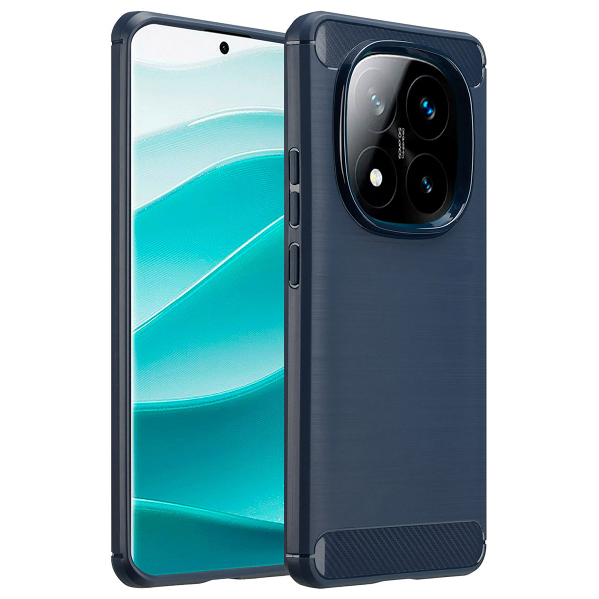 Blauwe telefoonhoes met een telefoon erin. De hoes heeft een getextureerde achterkant en beschermt de camera.