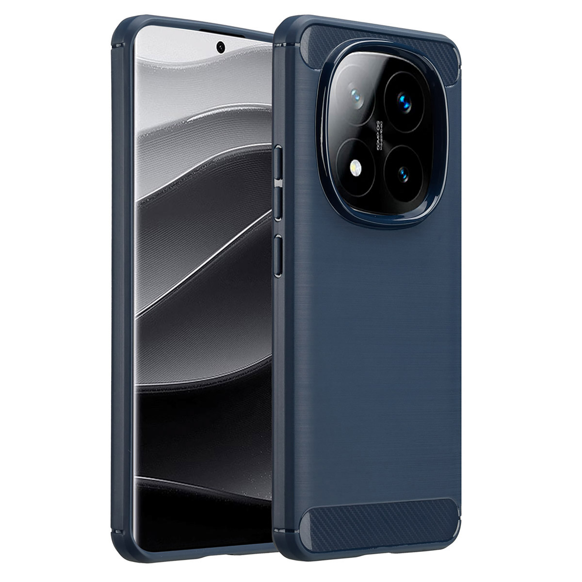 Coque de téléphone bleu marine. Le téléphone est à l'intérieur, avec un design épuré.