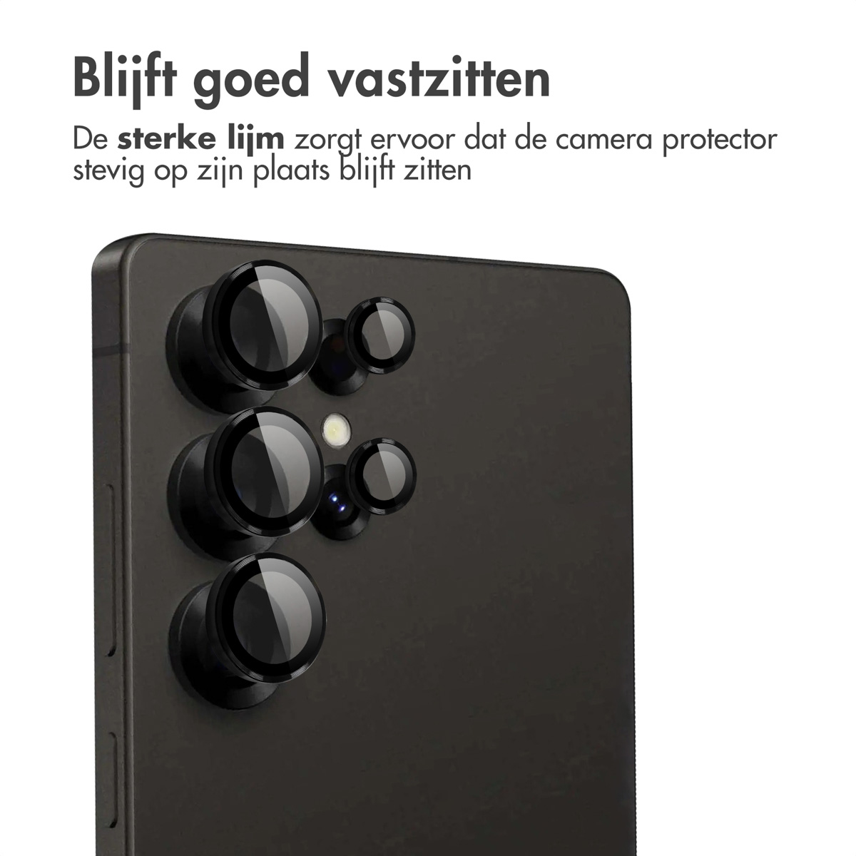 Een zwarte telefoon met cameralensbeschermers, naast iconen.