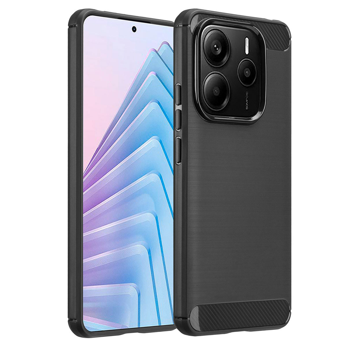 Custodia per telefono nera che protegge un telefono. Telefono e custodia sono neri. La custodia ha un design strutturato.