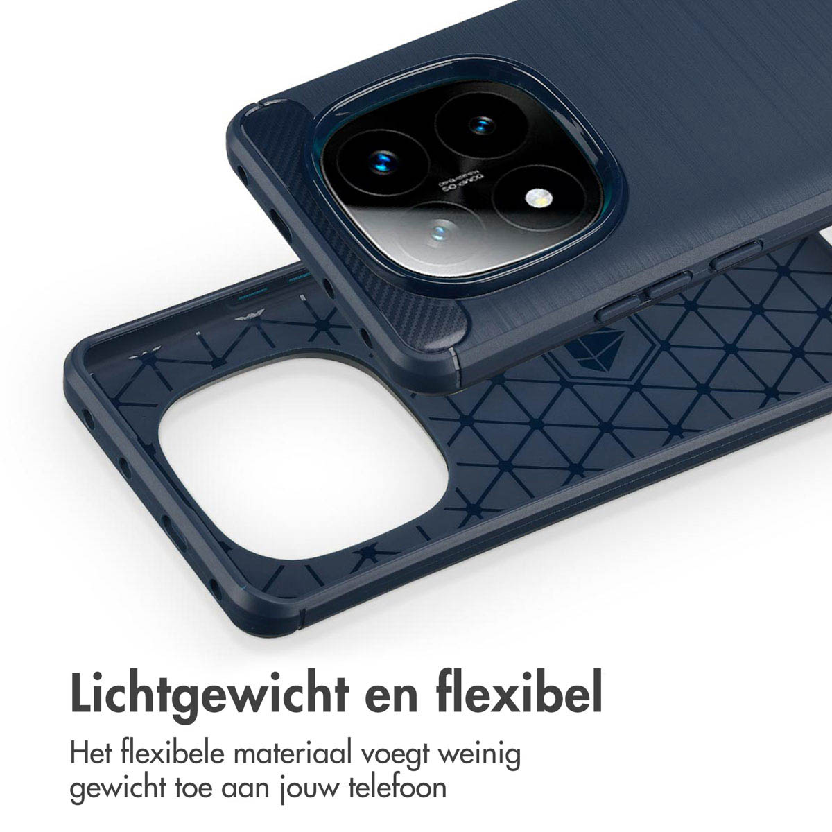 Een geopende telefoonhoes, die de interne structuur en de tekst toont: lichtgewicht en flexibel.