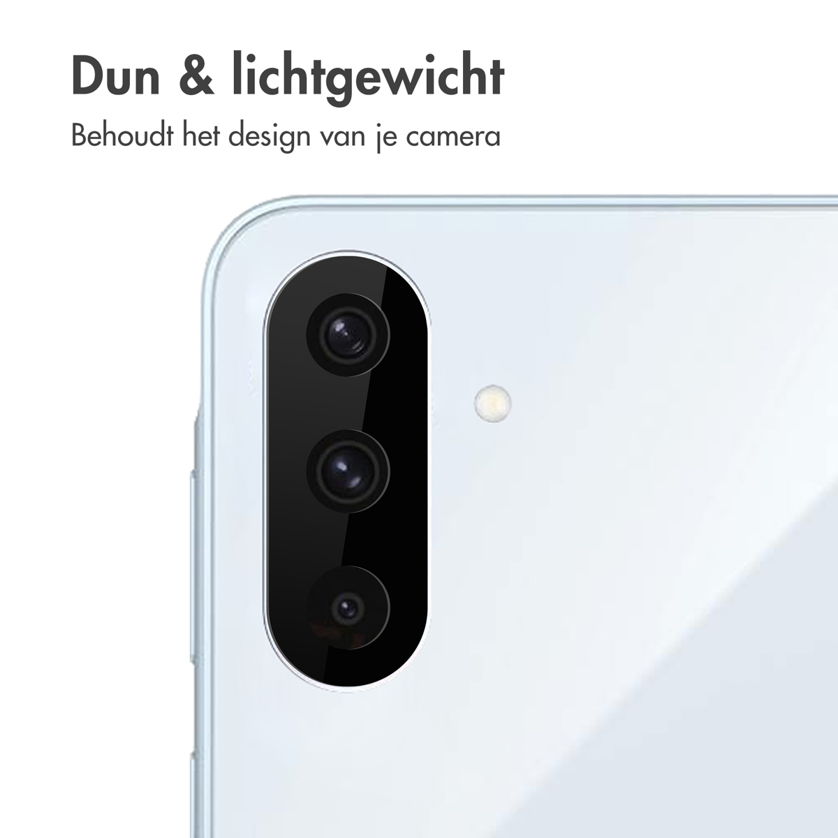 Beschermers voor cameralenzen van telefoons. Drie zwarte cirkels met witte centra en tekst.