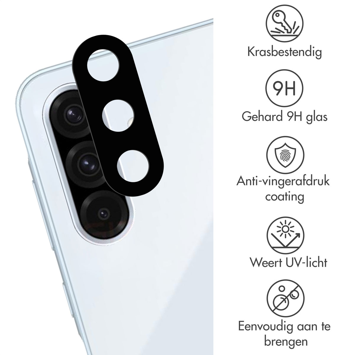 Witte telefoonachterkant met een zwarte cameralensbeschermer en pictogrammen met details over functies.