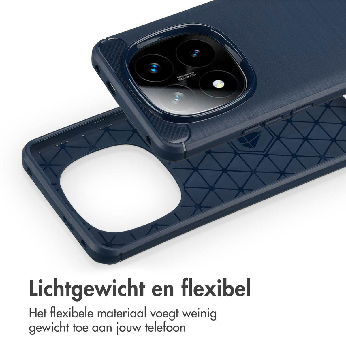 Coque de téléphone montrant le module caméra, avec texte: Léger et flexible.