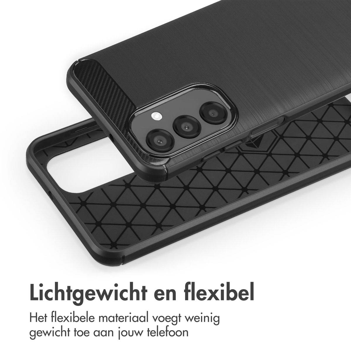 Telefoonhoes die de cameramodule toont, met tekst: Lichtgewicht en flexibel.