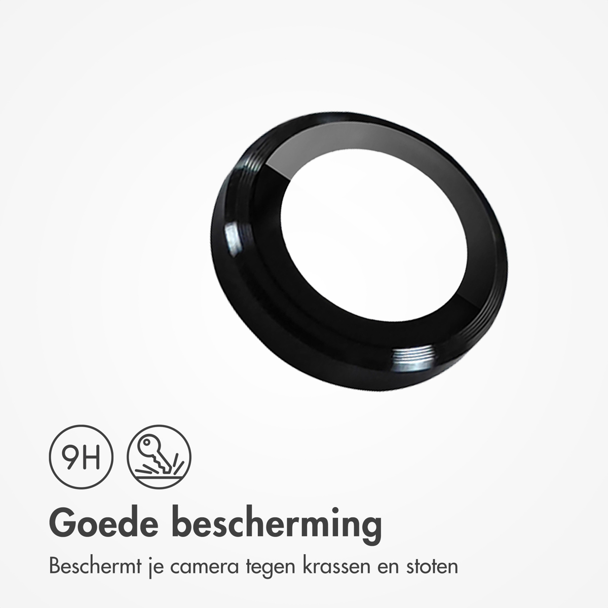 Bague de protection d'objectif noire. Texte: Bonne protection. Protège l'appareil des rayures et chocs.