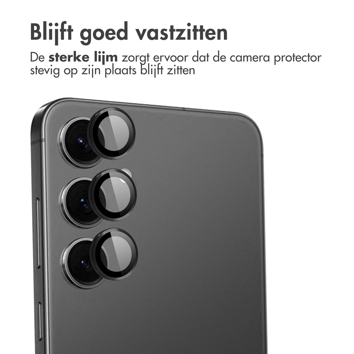 Téléphone avec 3 protections d'objectif de caméra. Texte : L'adhésif puissant assure que le protecteur de caméra reste fermement en place.