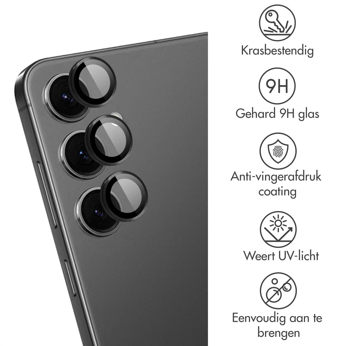 Gros plan du téléphone avec protections d'objectif. Icônes décrivent : rayures, verre, revêtement, lumière UV.