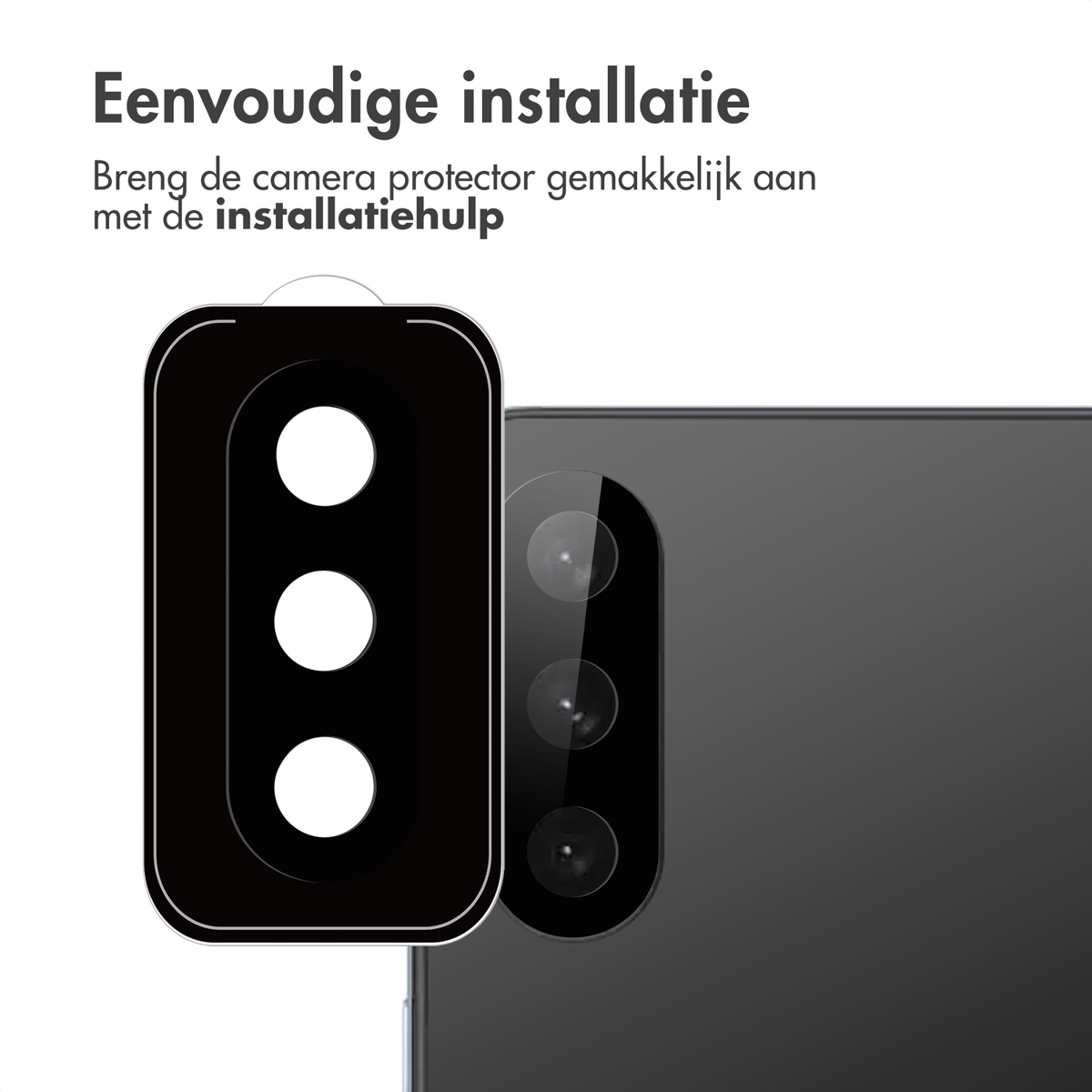 Installation du protecteur d'objectif. Protecteur noir sur objectifs de caméra. Texte: Installation facile.