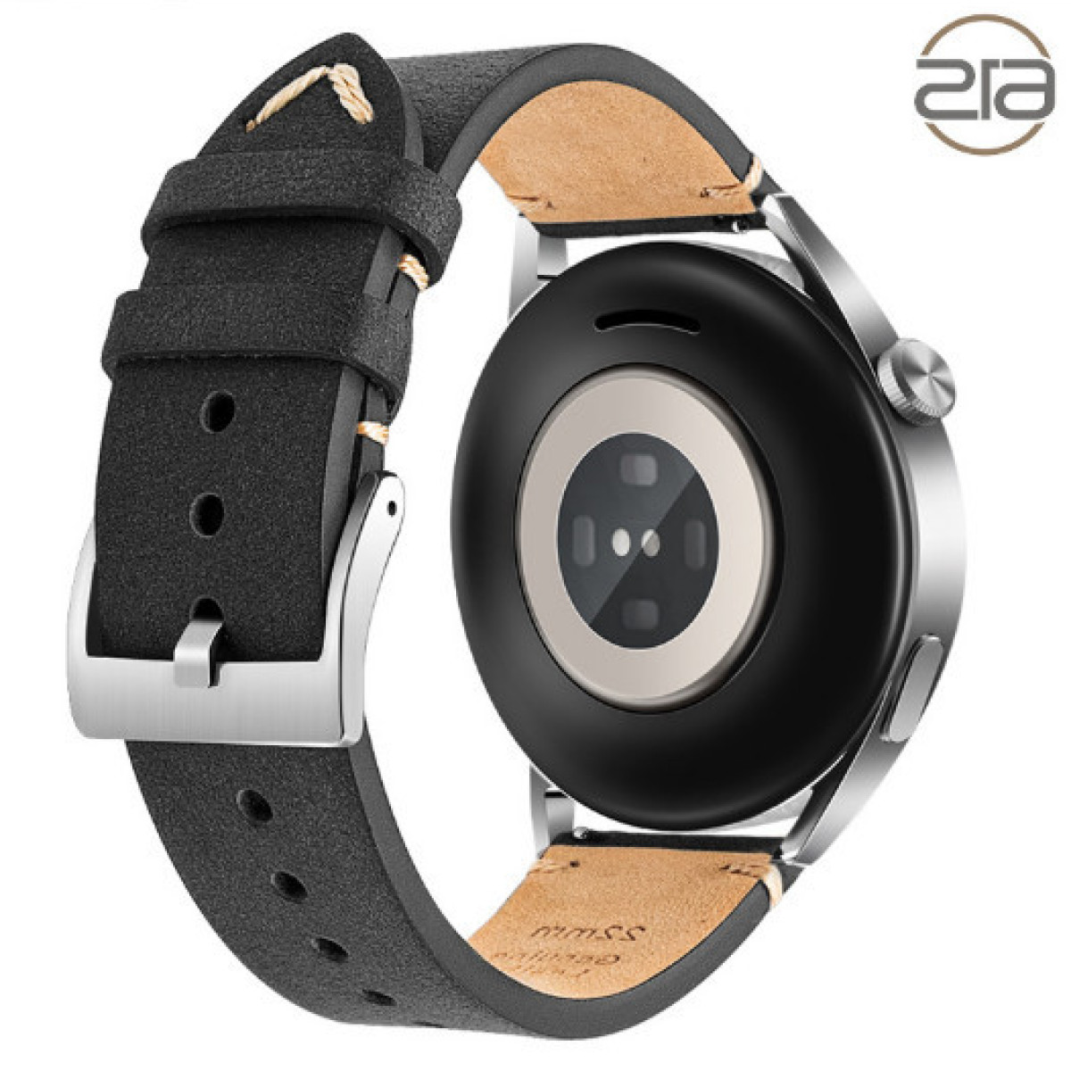 Czarny smartwatch na czarnym skórzanym pasku, ze srebrnym zapięciem, na białym tle.