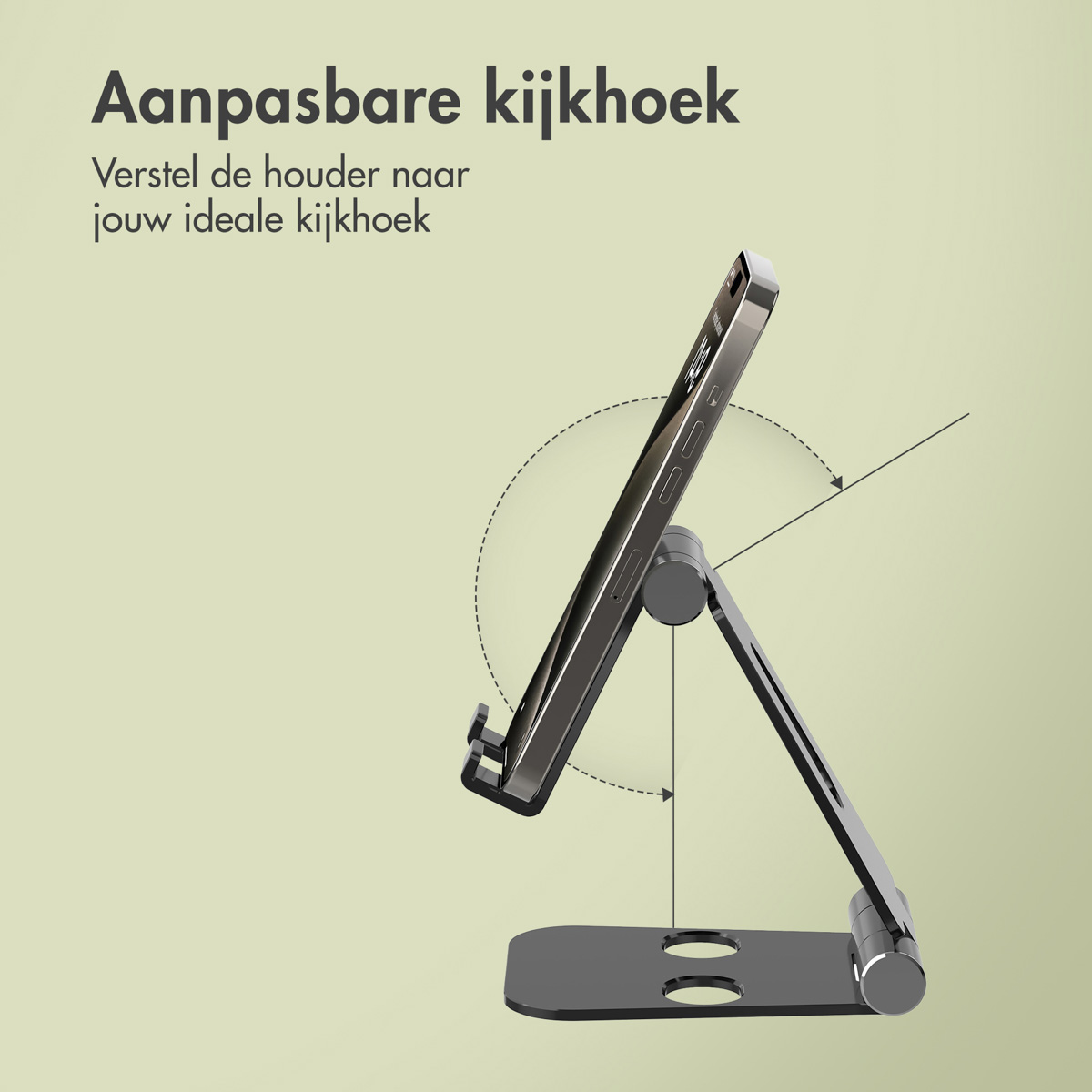 Zwarte telefoon in een zwarte standaard. De standaard is verstelbaar, met een opwaartse hoek. De achtergrond is groen.