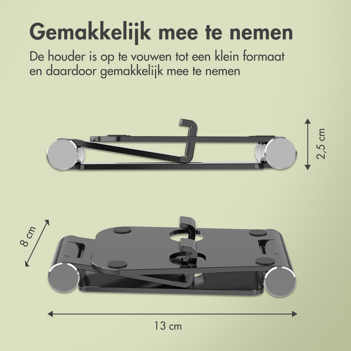 Opvouwbare telefoonstandaard, zwart, met afmetingen weergegeven. Gevouwen en uitgevouwen weergaven.