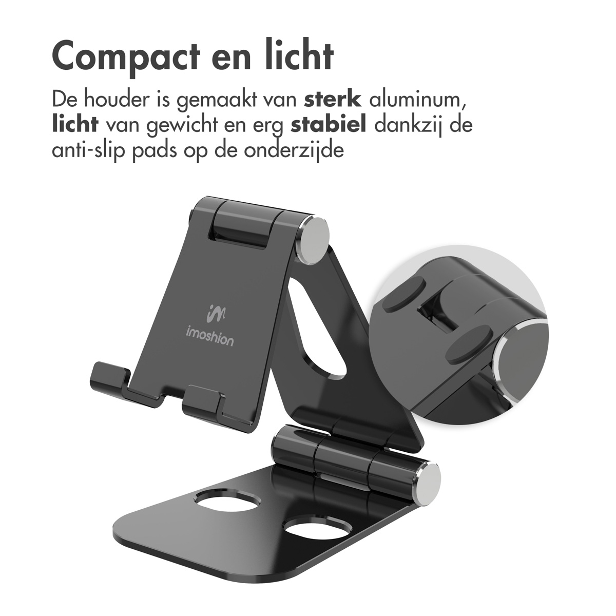 Zwarte telefoonstandaard, opvouwbaar, Imoshion merk, metaal en zwart.