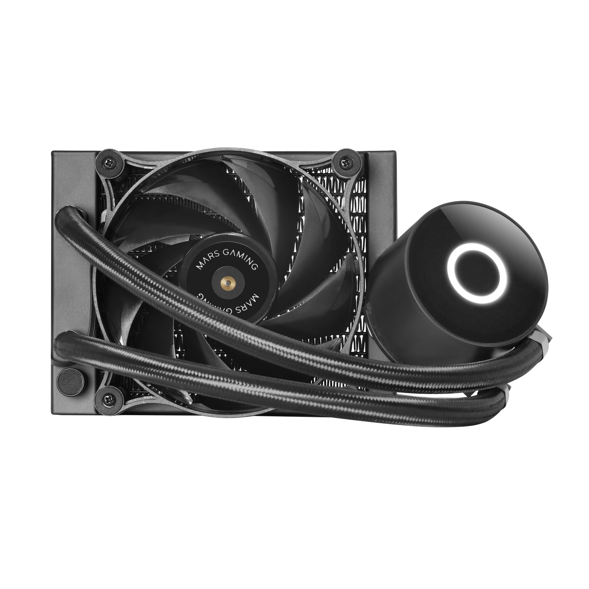Enfriador líquido negro con ventilador y tubos sobre fondo blanco.
