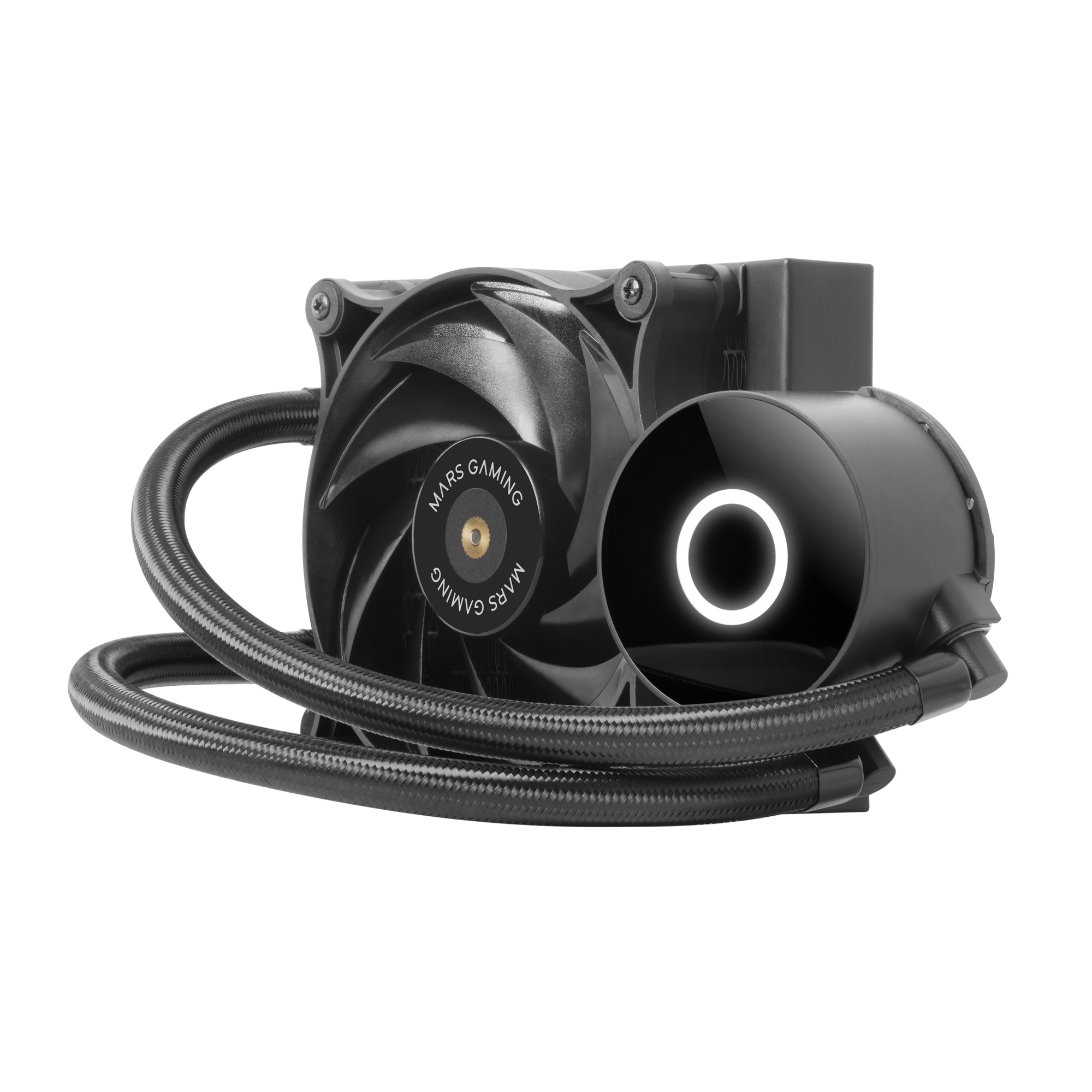 Sistema de refrigeración de computadora negro con ventilador, tubos y anillo de luz blanco, fondo blanco.