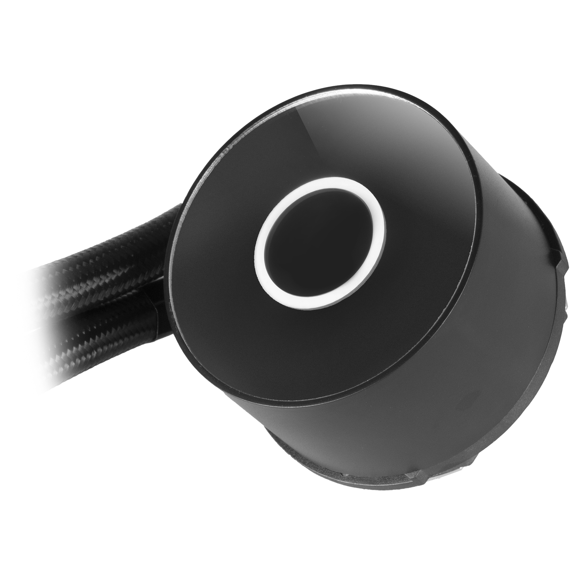 Dispositivo de enfriamiento circular negro con anillo blanco sobre fondo blanco.