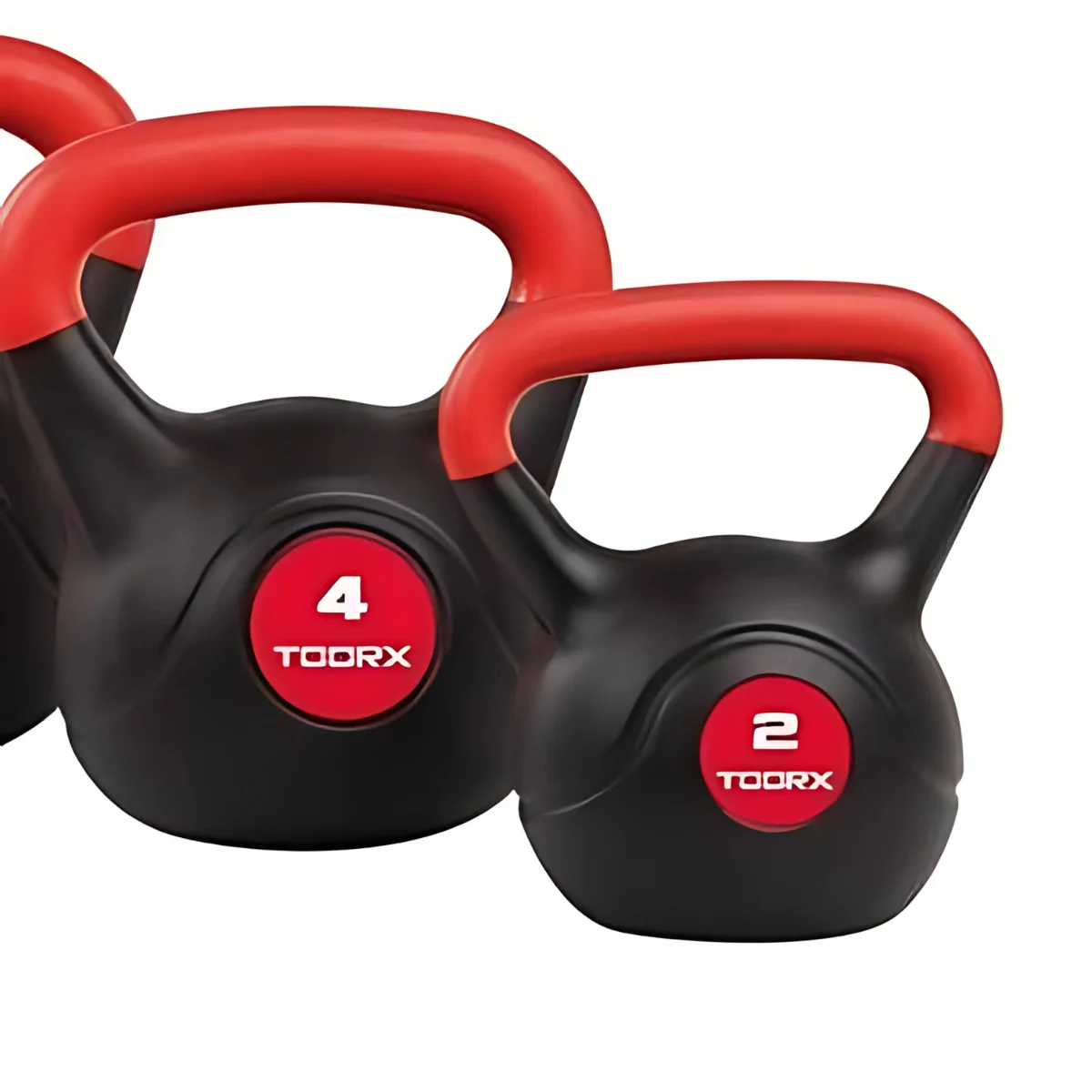 Zwei schwarze Kettlebells mit roten Griffen, Gewichtsangabe, auf weißem Grund.