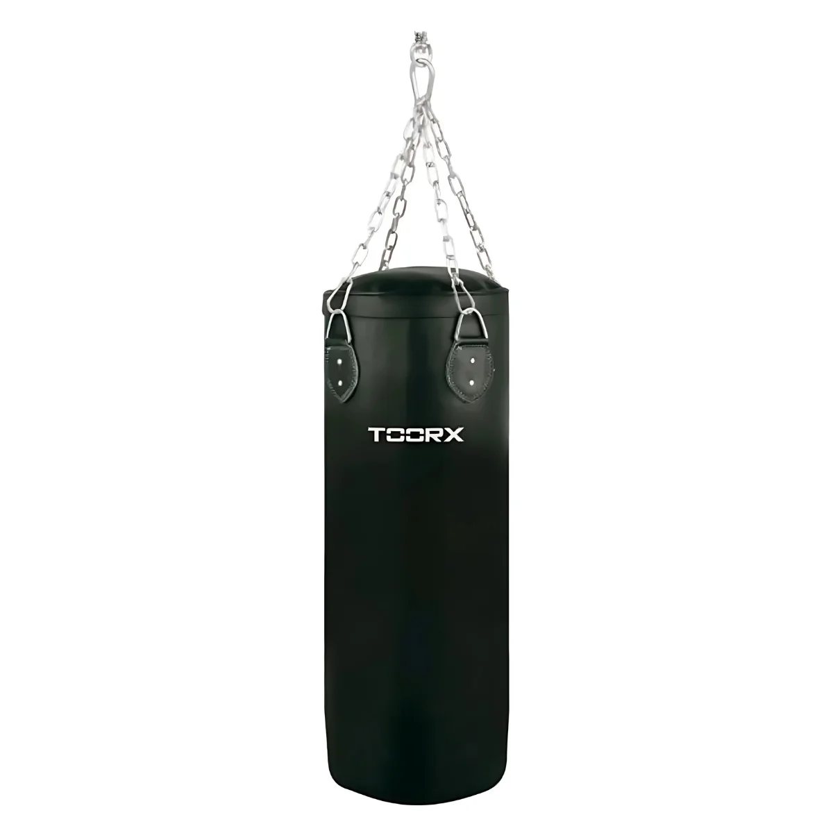 Zwarte bokszak, hangend aan kettingen, met het woord 'TOORX'.